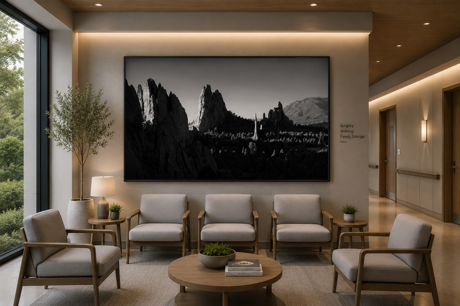 Healthcare family lounge with black and white landscape artwork by Dan Sproul